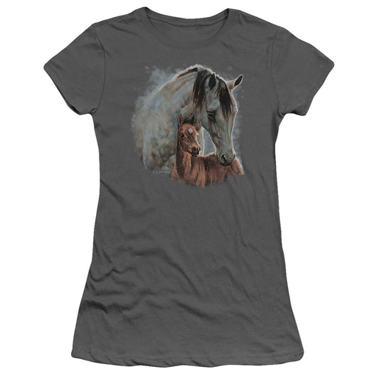 Wild Wings Painted Horses Junior Sheer Cap Sleeve Womens T Shirt Charcoal