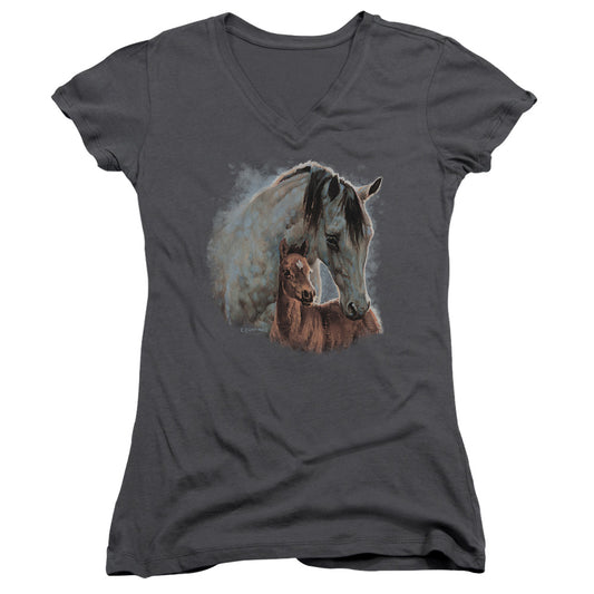 Wild Wings Painted Horses Junior Sheer Cap Sleeve V-Neck Womens T Shirt Charcoal