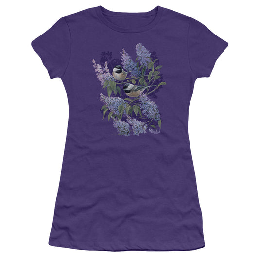 Wild Wings Chickadees And Lilacs Junior Sheer Cap Sleeve Womens T Shirt Purple