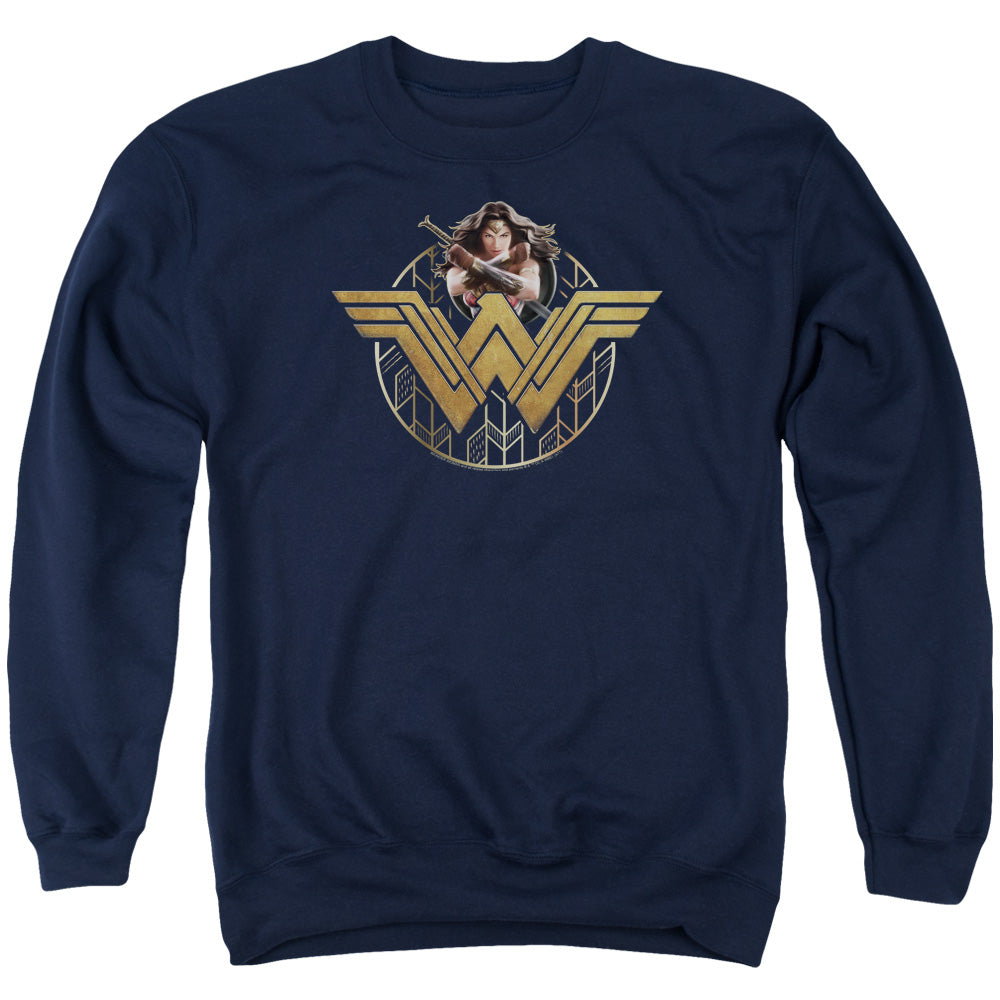 Wonder Woman Movie Power Stance And Emblem Mens Crewneck Sweatshirt Navy Blue