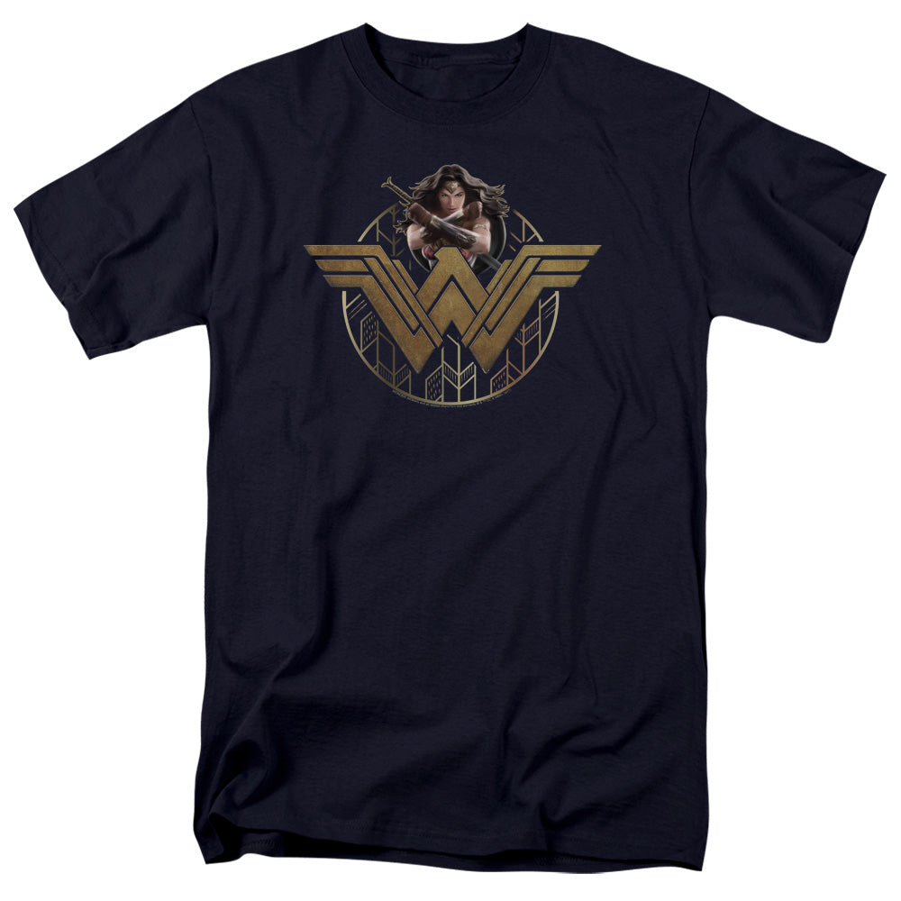 Wonder Woman Movie Power Stance And Emblem Mens T Shirt Navy Blue