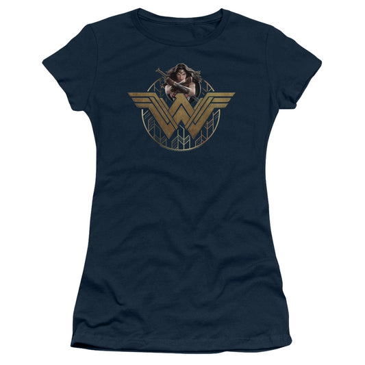 Wonder Woman Movie Power Stance And Emblem Junior Sheer Cap Sleeve Womens T Shirt Navy Blue