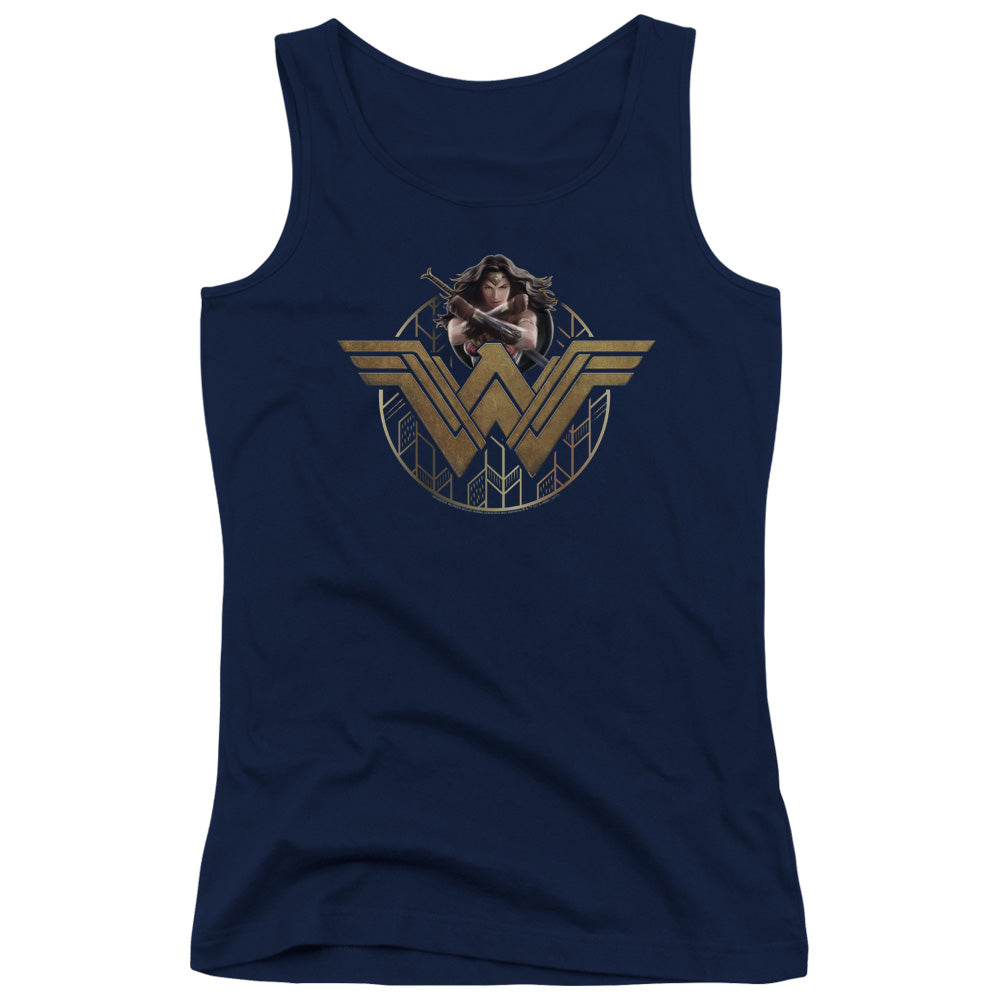 Wonder Woman Movie Power Stance And Emblem Womens Tank Top Shirt Navy Blue