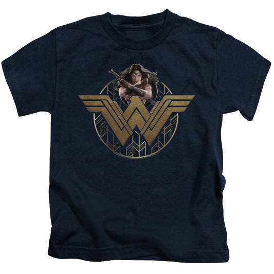 Wonder Woman Movie Power Stance And Emblem Juvenile Kids Youth T Shirt Navy Blue