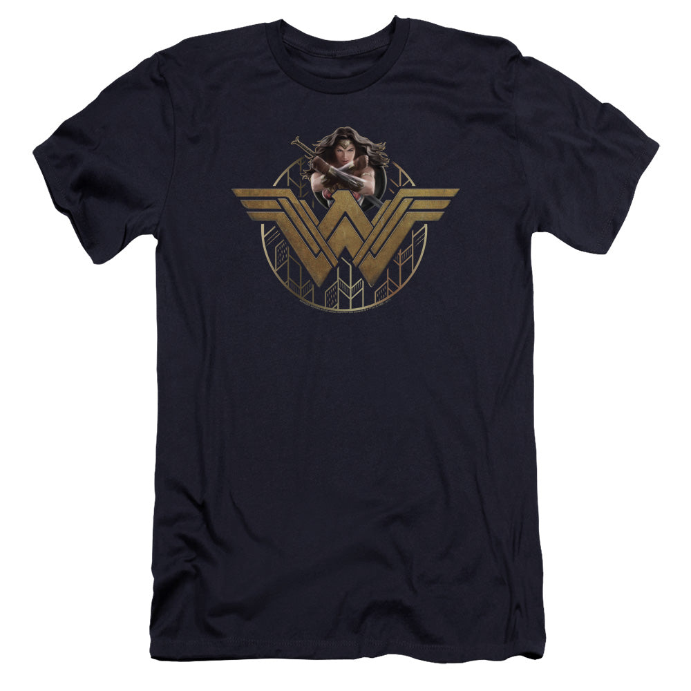 Wonder Woman Movie Power Stance And Emblem Premium Bella Canvas Slim Fit Mens T Shirt Navy Blue