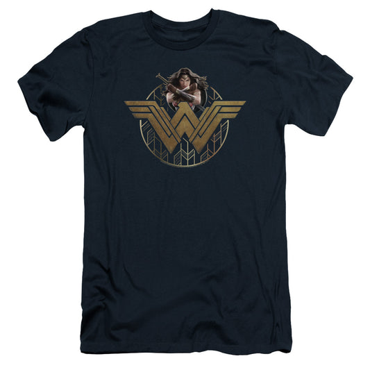 Wonder Woman Movie Power Stance And Emblem Slim Fit Mens T Shirt Navy Blue