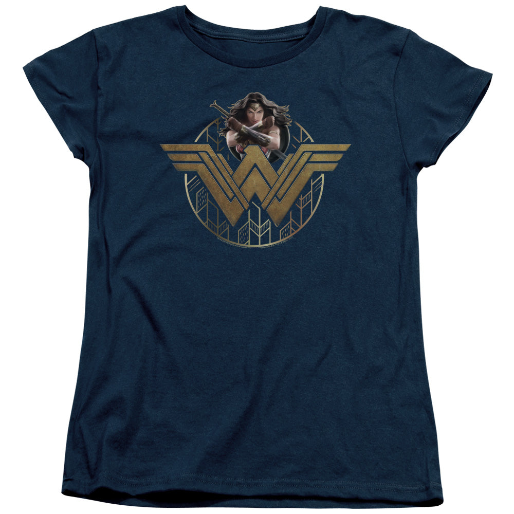 Wonder Woman Movie Power Stance And Emblem Womens T Shirt Navy Blue