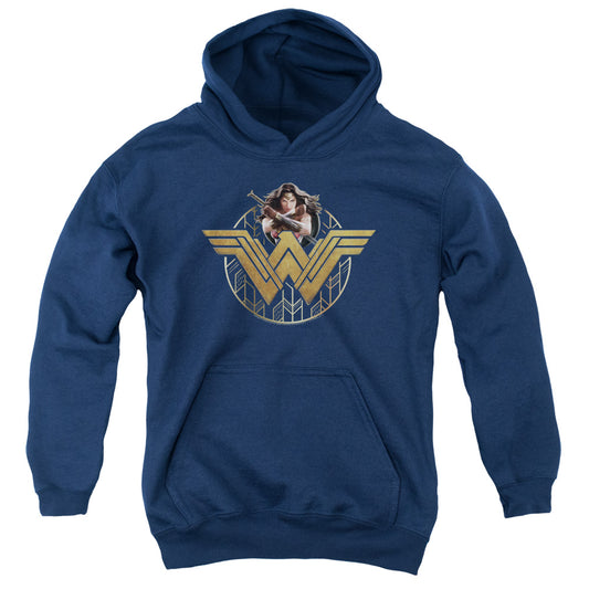 Wonder Woman Movie Power Stance And Emblem Kids Youth Hoodie Navy Blue