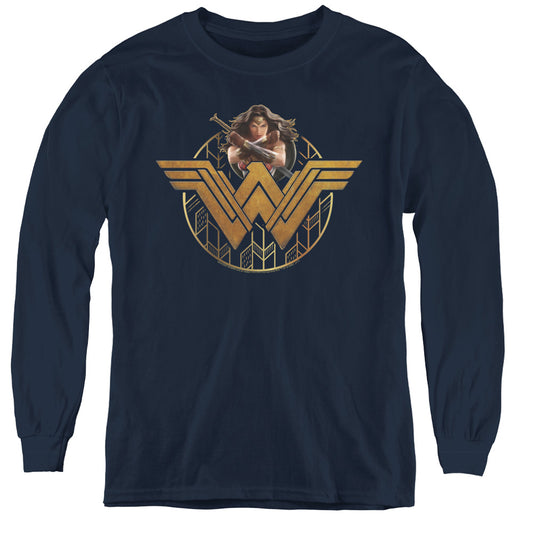 Wonder Woman Movie Power Stance And Emblem Long Sleeve Kids Youth T Shirt Navy Blue