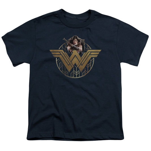 Wonder Woman Movie Power Stance And Emblem Kids Youth T Shirt Navy Blue