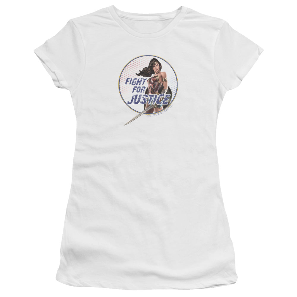 Wonder Woman Movie Fight For Justice Junior Sheer Cap Sleeve Womens T Shirt White