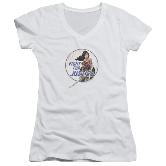 Wonder Woman Movie Fight For Justice Junior Sheer Cap Sleeve V-Neck Womens T Shirt White