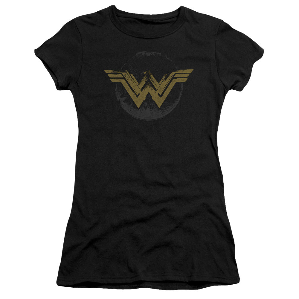 Wonder Woman Movie Distressed Logo Junior Sheer Cap Sleeve Womens T Shirt Black