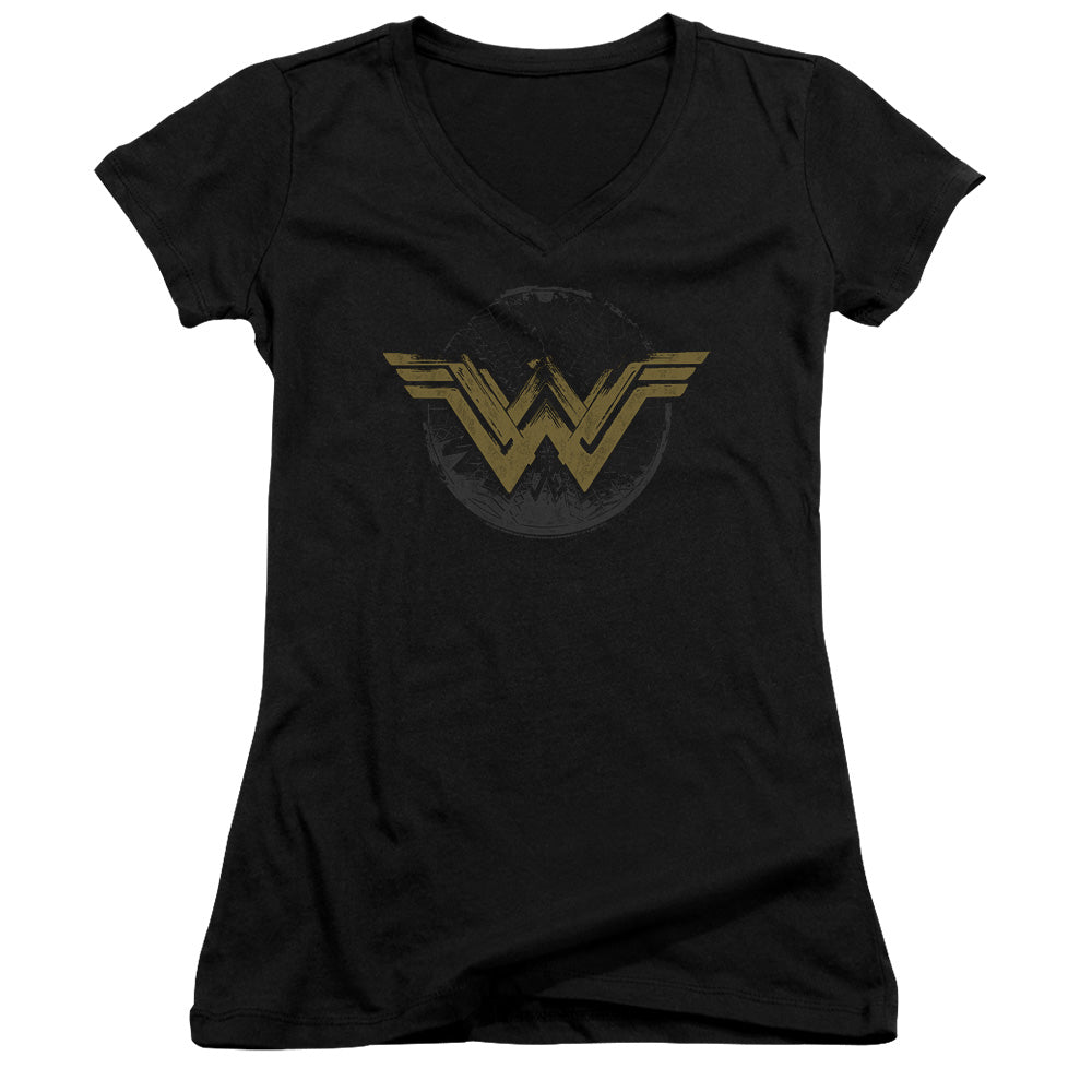 Wonder Woman Movie Distressed Logo Junior Sheer Cap Sleeve V-Neck Womens T Shirt Black