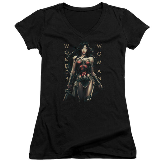 Wonder Woman Movie Armed And Dangerous Junior Sheer Cap Sleeve V-Neck Womens T Shirt Black