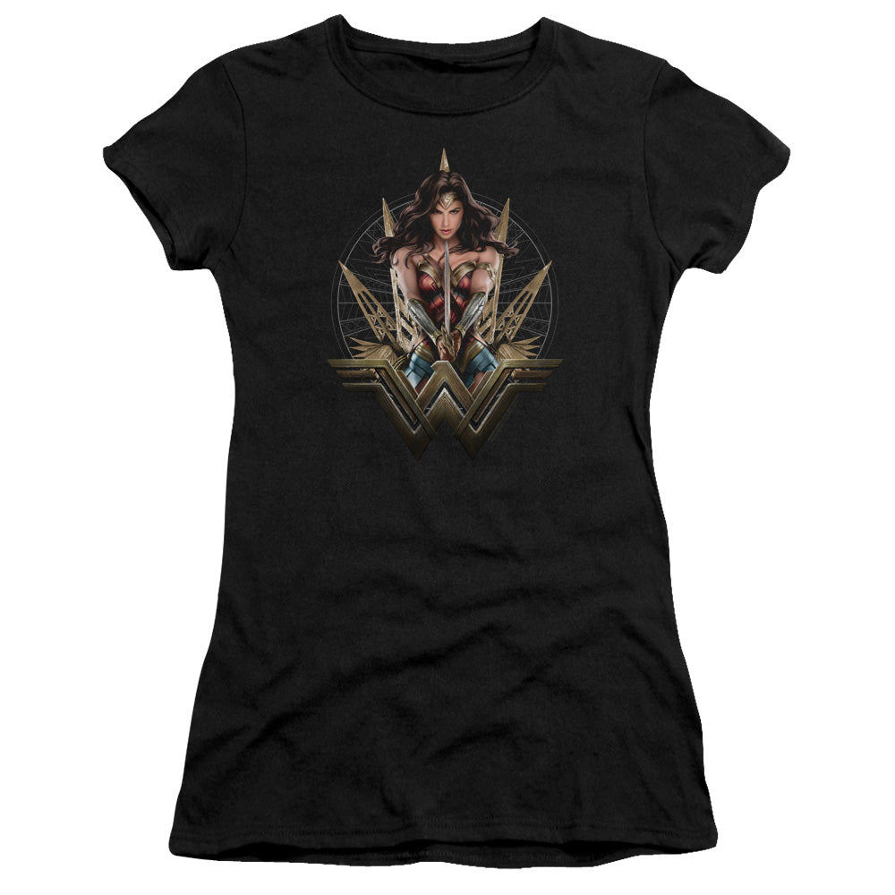 Wonder Woman Movie Wonder Blades Junior Sheer Cap Sleeve Womens T Shirt Black