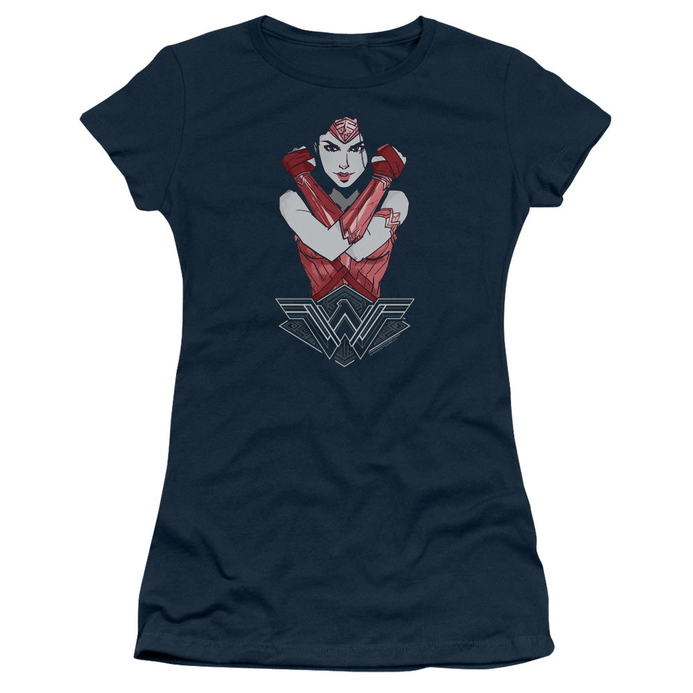 Wonder Woman Movie Amazon Junior Sheer Cap Sleeve Womens T Shirt Navy Blue