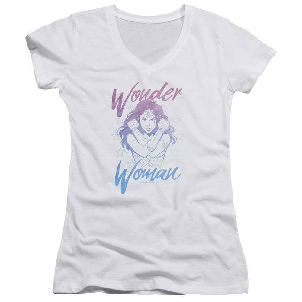 Wonder Woman Movie Retro Stance Junior Sheer Cap Sleeve V-Neck Womens T Shirt White