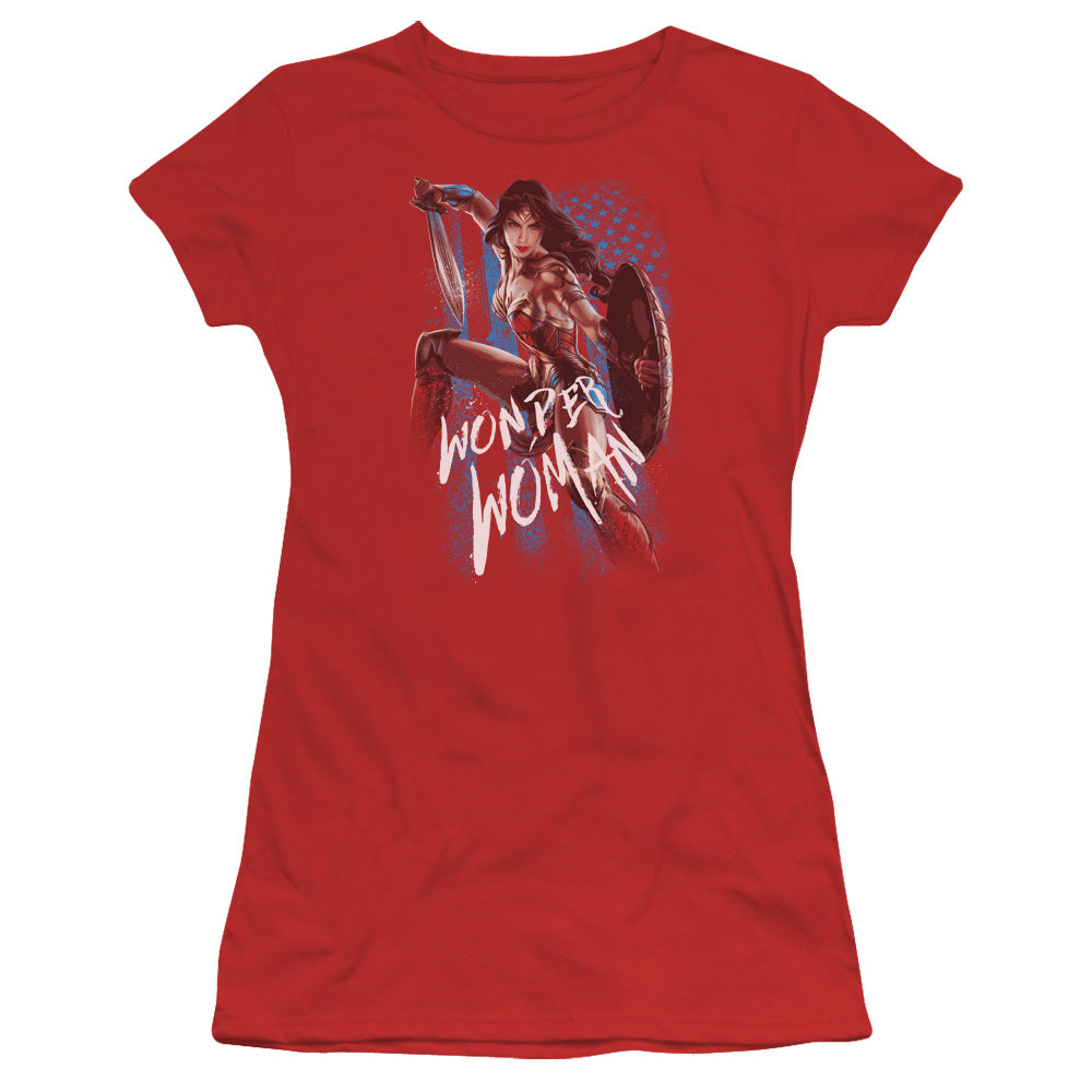 Wonder Woman Movie American Hero Junior Sheer Cap Sleeve Womens T Shirt Red