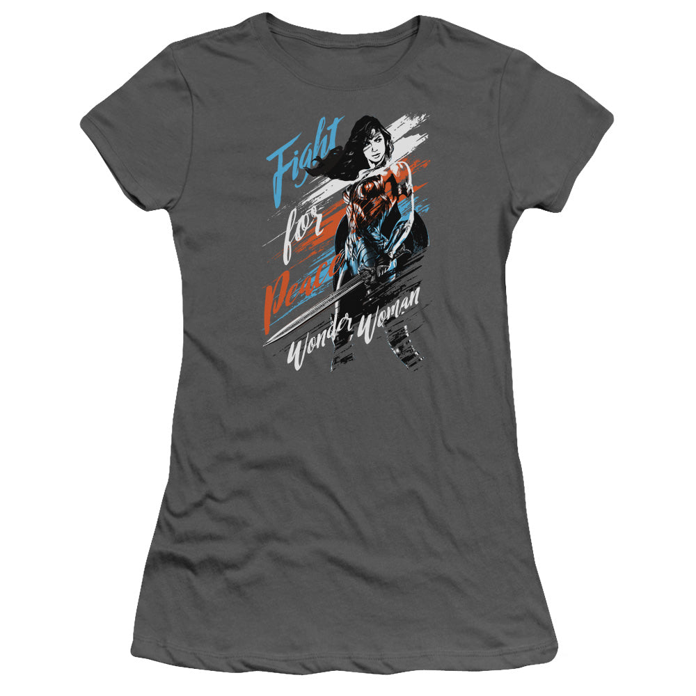 Wonder Woman Movie Fight For Peace Junior Sheer Cap Sleeve Womens T Shirt Charcoal