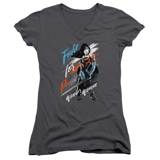 Wonder Woman Movie Fight For Peace Junior Sheer Cap Sleeve V-Neck Womens T Shirt Charcoal