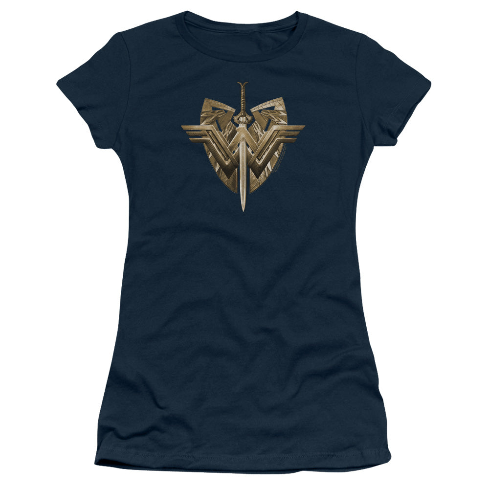 Wonder Woman Movie Sword Emblem Junior Sheer Cap Sleeve Womens T Shirt Navy Blue