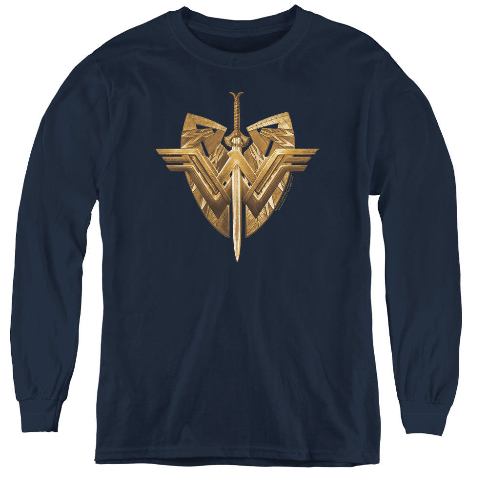 Wonder Woman Movie Sword Emblem Long Sleeve Kids Youth T Shirt Navy Blue