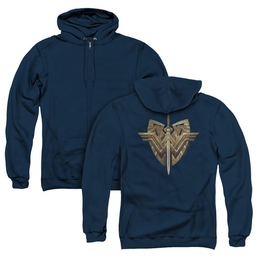 Wonder Woman Movie Sword Emblem Back Print Zipper Mens Hoodie Navy Blue