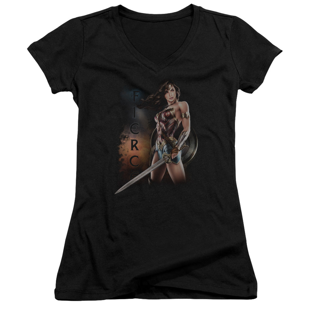 Wonder Woman Movie Fierce Junior Sheer Cap Sleeve V-Neck Womens T Shirt Black