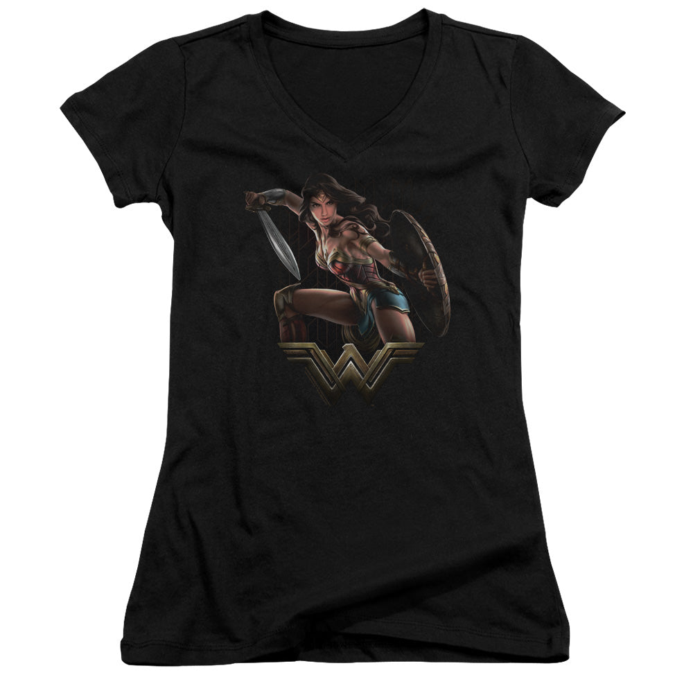 Wonder Woman Movie Fight Junior Sheer Cap Sleeve V-Neck Womens T Shirt Black