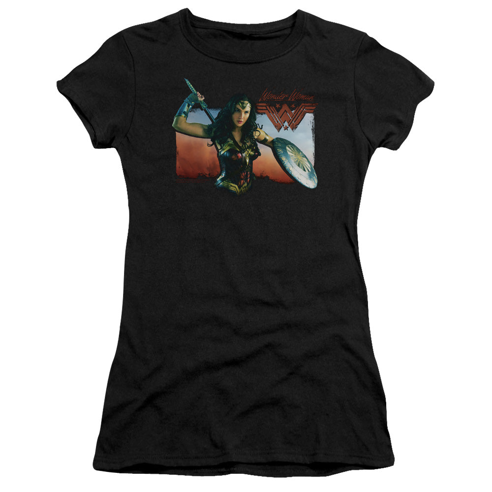 Wonder Woman Movie Warrior Woman Junior Sheer Cap Sleeve Womens T Shirt Black