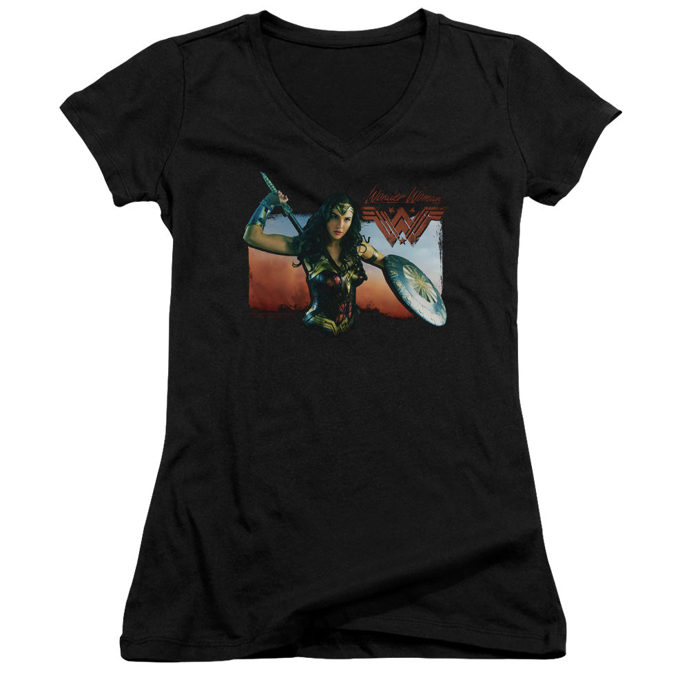 Wonder Woman Movie Warrior Woman Junior Sheer Cap Sleeve V-Neck Womens T Shirt Black