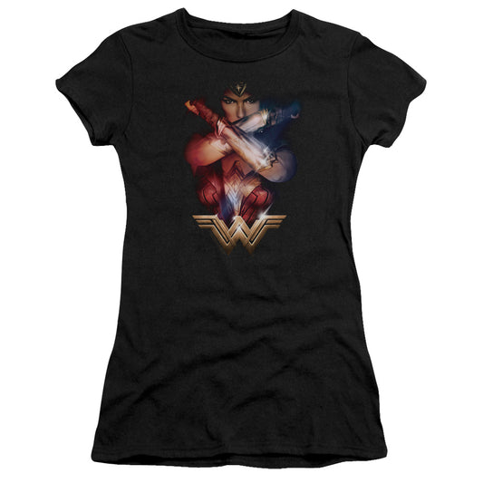 Wonder Woman Movie Arms Crossed Junior Sheer Cap Sleeve Womens T Shirt Black