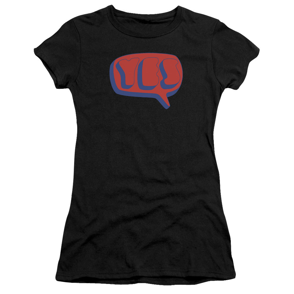 Yes Word Bubble Junior Sheer Cap Sleeve Womens T Shirt Black