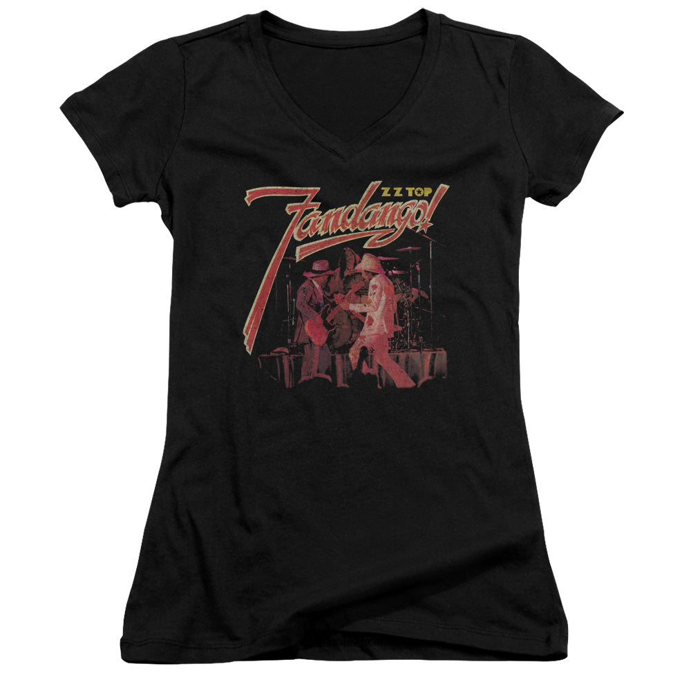 ZZ Top Fandango Junior Sheer Cap Sleeve V-Neck Womens T Shirt Black