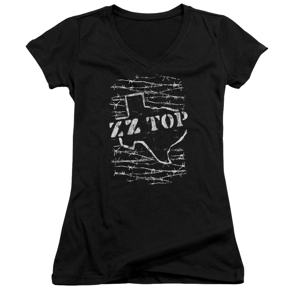 ZZ Top Barbed Junior Sheer Cap Sleeve V-Neck Womens T Shirt Black