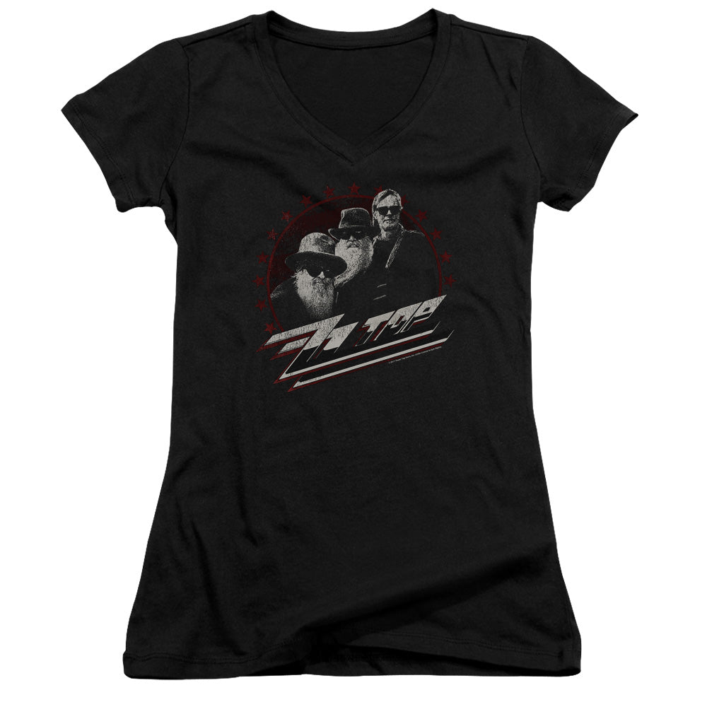 ZZ Top The Boys Junior Sheer Cap Sleeve V-Neck Womens T Shirt Black