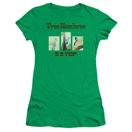 ZZ Top Tres Hombres Junior Sheer Cap Sleeve Womens T Shirt Kelly Green