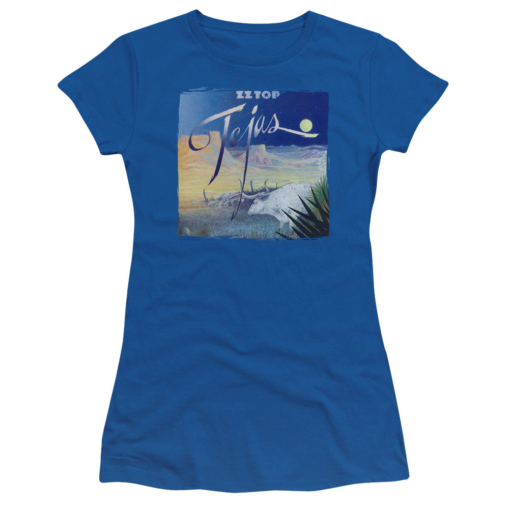 ZZ Top Tejas Junior Sheer Cap Sleeve Womens T Shirt Royal Blue