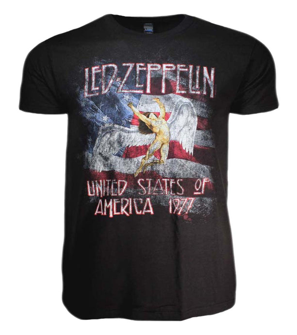 Led Zeppelin USA 77 with Flag Mens T Shirt