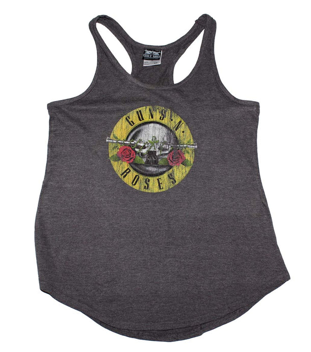 Guns n Roses Distressd Logo Womens Racerback Tank Top Shirt Dark Heather Grey